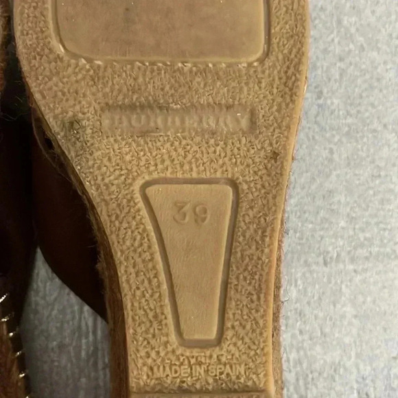 [39/9]Burberry Nova Check Brown Leather  Espadrille Wedge Slides Sandals - Picture 7 of 9